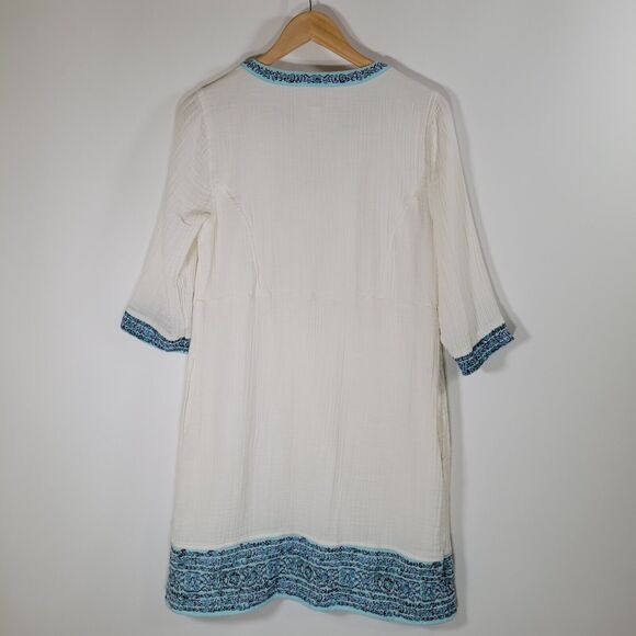 J JILL Gauzy Cotton Boho Dress Size S Embroidered Drawstring Waist Tunic Coastal - Picture 12 of 12